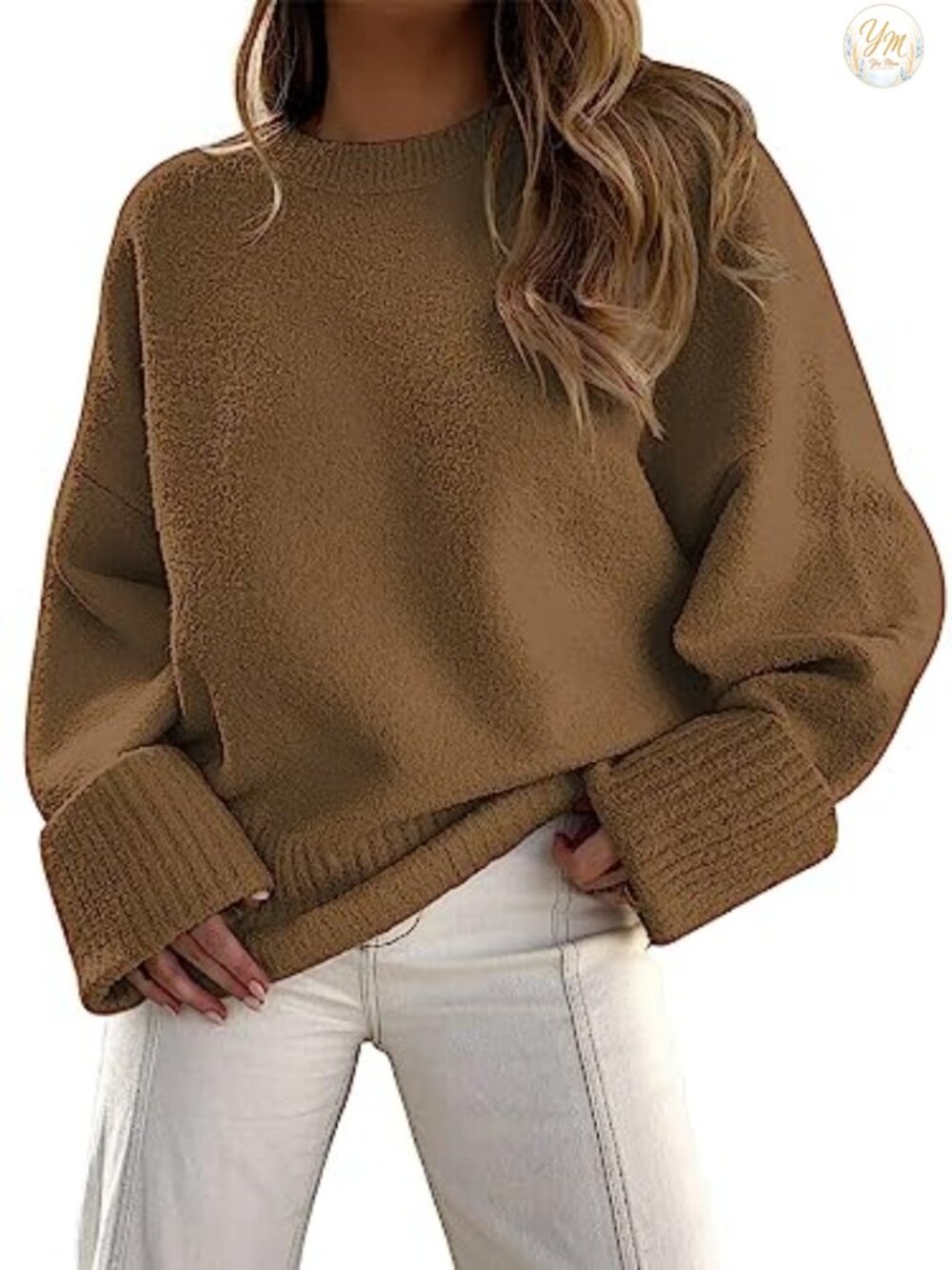 Oversized Warm Knit Pullover Sweater Fuzzy Cuffed Sleeves Ribbed